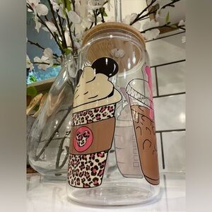 MICKEY MOUSE Glass Cup Coffee Tea Wine with Bamboo lid and Glass Straw NWT 16 oz